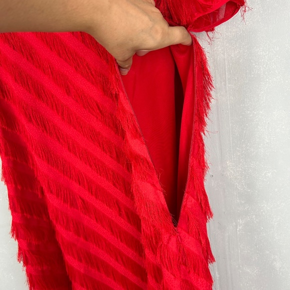 Long Tall Sally size 12 fringe dress red short sleeve chiffon lined side zip - Picture 9 of 13